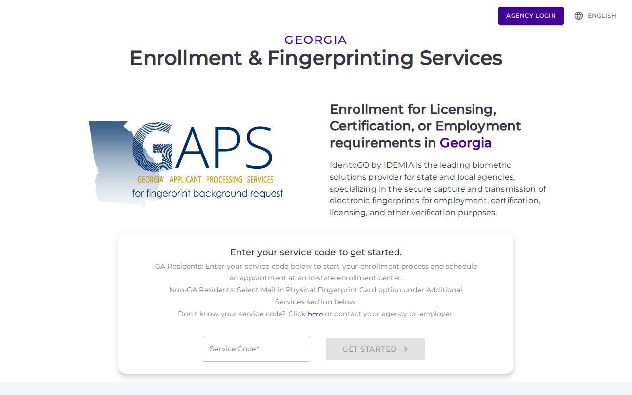 GAPS IdentoGO fingerprint registration for authorized Georgia record checks