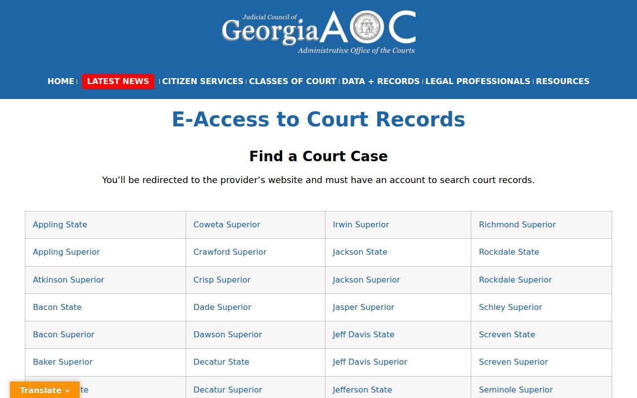 Georgia court e-access directory for Harris County criminal cases