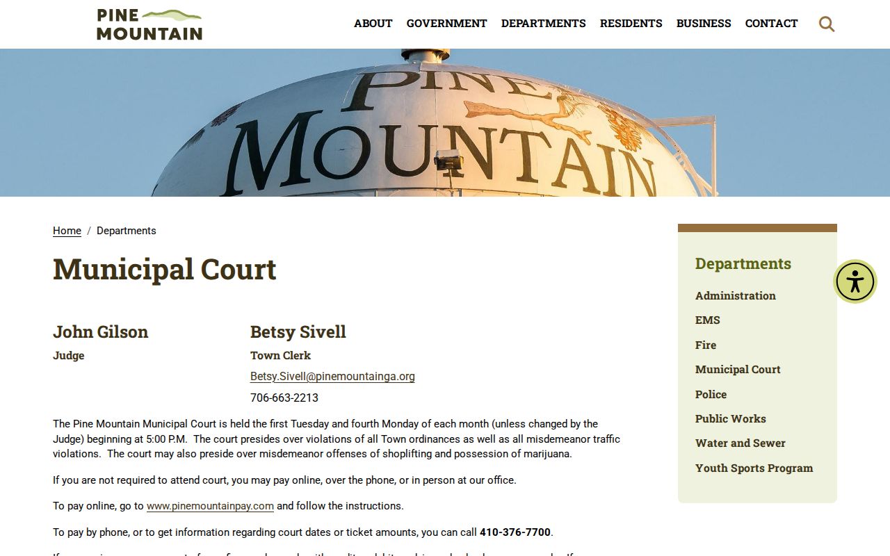 Pine Mountain criminal history Municipal Court page